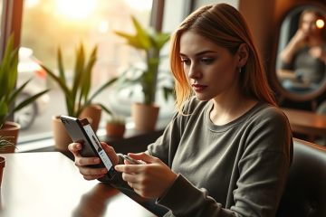 Young woman using a smartphone in a cozy café, optimizing her dating app profile while avoiding small mistakes that hurt matches