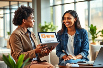 Two professionals in a sunlit office lounge using a tablet conversation coaching app to maintain effective, mistake-free communication