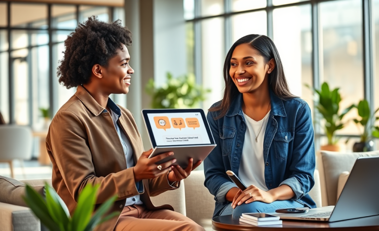 Two professionals in a sunlit office lounge using a tablet conversation coaching app to maintain effective, mistake-free communication