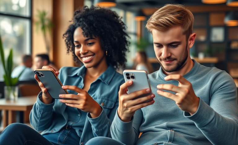 Young couple in modern cafe optimizing their dating app profiles on smartphones surrounded by warm natural lighting and cozy decor
