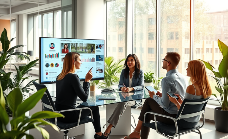 A young professional woman leads a group workshop on dating app profile optimization in a bright modern office with digital devices and charts.