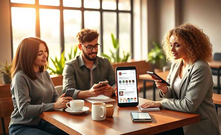 Young adults using dating apps in a modern café, practicing tips to avoid common single mistakes with focused, natural interactions