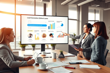 Three professionals collaborating on lead generation optimization for loans in a bright modern office with graphs and digital displays