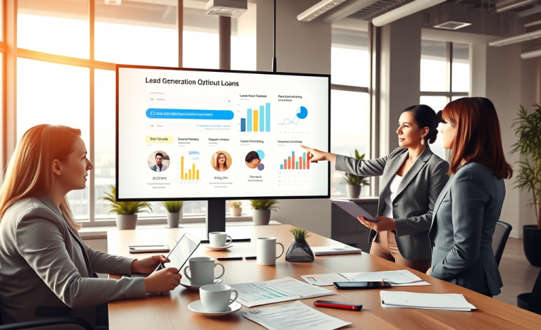 Three professionals collaborating on lead generation optimization for loans in a bright modern office with graphs and digital displays