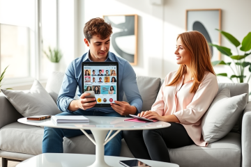Young diverse couple using a dating app on a tablet in a bright modern living room, optimizing their match rate together
