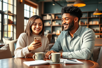 Young diverse couple in cozy coffee shop reviewing dating app on smartphone, sharing tips to improve match chances