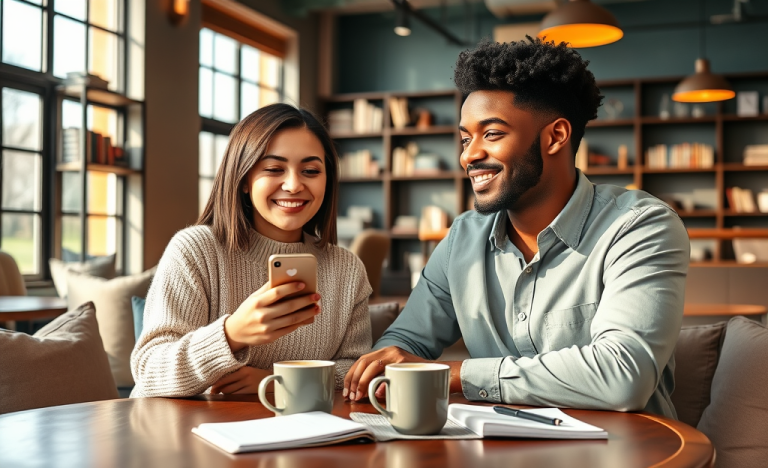 Young diverse couple in cozy coffee shop reviewing dating app on smartphone, sharing tips to improve match chances
