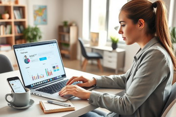 Young professional woman analyzing social media profile audit for more likes on a laptop in a bright modern coworking space