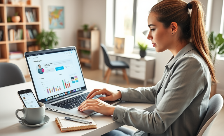 Young professional woman analyzing social media profile audit for more likes on a laptop in a bright modern coworking space
