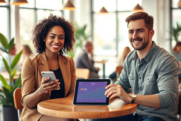 Two diverse individuals using smartphones in a cozy coffee shop, engaging with a dating app to build better matches faster