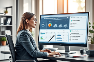 Young professional woman optimizing loan app profile on a high-resolution monitor in a bright modern office setting