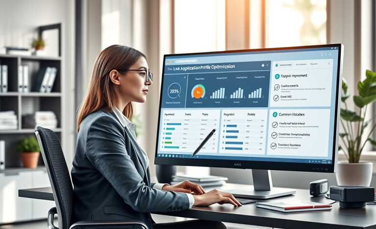 Young professional woman optimizing loan app profile on a high-resolution monitor in a bright modern office setting