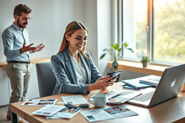 Young professional woman and colleague optimizing dating profile on laptop in bright modern office with natural light and supportive atmosphere