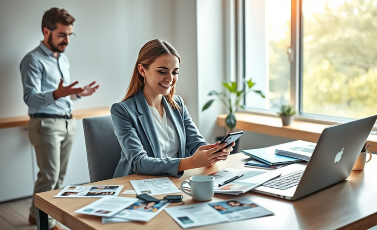 Young professional woman and colleague optimizing dating profile on laptop in bright modern office with natural light and supportive atmosphere