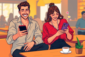 Young diverse couple having an engaging conversation on a dating app in a cozy café with warm lighting and modern art style