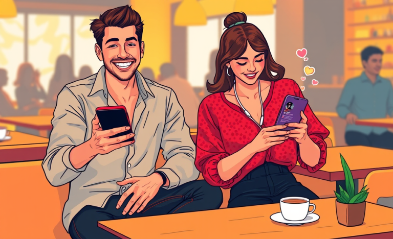 Young diverse couple having an engaging conversation on a dating app in a cozy café with warm lighting and modern art style