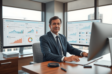 Professional financial advisor conducting a profile audit service analyzing loan outreach using charts and digital analytics in a modern office