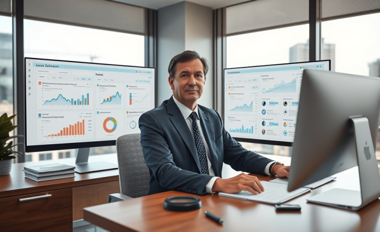 Professional financial advisor conducting a profile audit service analyzing loan outreach using charts and digital analytics in a modern office