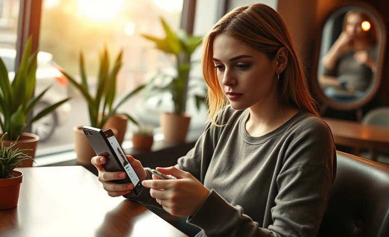Young woman using a smartphone in a cozy café, optimizing her dating app profile while avoiding small mistakes that hurt matches